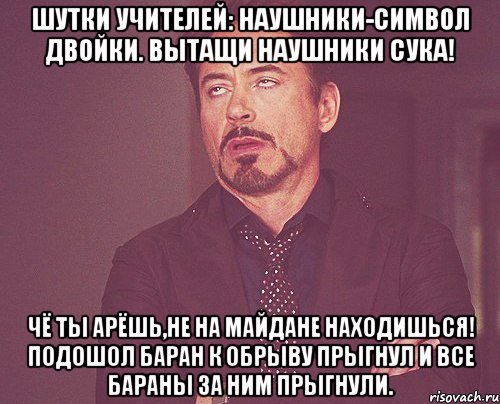 Шутки учителей: Наушники-символ двойки. Вытащи наушники сука! Чё ты арёшь,не на майдане находишься! Подошол баран к обрыву прыгнул и все бараны за ним прыгнули., Мем твое выражение лица