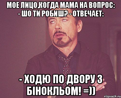 Мое лицо,когда мама на вопрос: - Шо ти робиш? - отвечает: - Ходю по двору з бiнокльом! =)), Мем твое выражение лица