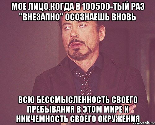 МОЕ ЛИЦО,КОГДА В 100500-ТЫЙ РАЗ "ВНЕЗАПНО" ОСОЗНАЕШЬ ВНОВЬ ВСЮ БЕССМЫСЛЕННОСТЬ СВОЕГО ПРЕБЫВАНИЯ В ЭТОМ МИРЕ И НИКЧЕМНОСТЬ СВОЕГО ОКРУЖЕНИЯ, Мем твое выражение лица