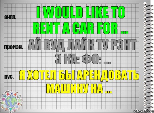 I would like to rent a car for ... ай вуд лайк ту рэнт э ка: фо: ... Я хотел бы арендовать машину на ...