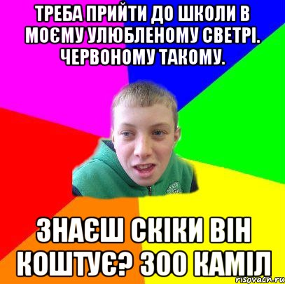 Треба прийти до школи в моєму улюбленому светрі. червоному такому. знаєш скіки він коштує? 300 каміл