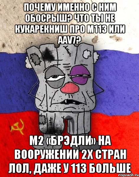 почему именно с ним обосрыш? Что ты не кукарекниш про м113 или AAV7? M2 «Брэдли» на вооружении 2х стран лол, даже у 113 больше