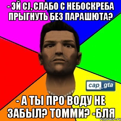 - Эй CJ, слабо с небоскреба прыгнуть без парашюта? - А ты про воду не забыл? Томми? -бля