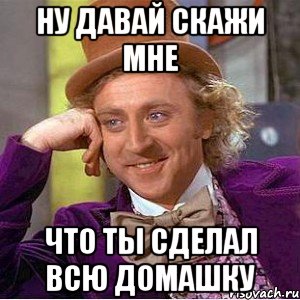 Ну давай скажи мне что ты сделал всю домашку, Мем Ну давай расскажи (Вилли Вонка)