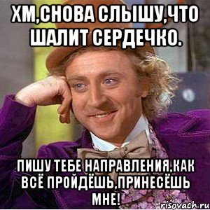 Хм,снова слышу,что шалит сердечко. Пишу тебе направления,как всё пройдёшь,принесёшь мне!, Мем Ну давай расскажи (Вилли Вонка)