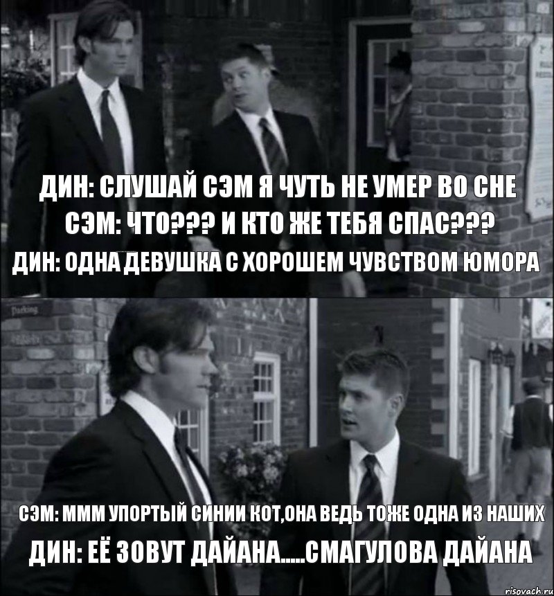 Дин: Слушай Сэм я чуть не умер во сне Сэм: Что??? и кто же тебя спас??? Дин: одна девушка с хорошем чувством юмора Сэм: и как же зовут эту юмористку Дин: Её зовут Дайана.....Смагулова Дайана Сэм: ммм упортый синии кот,она ведь тоже одна из наших, Комикс винчестеры