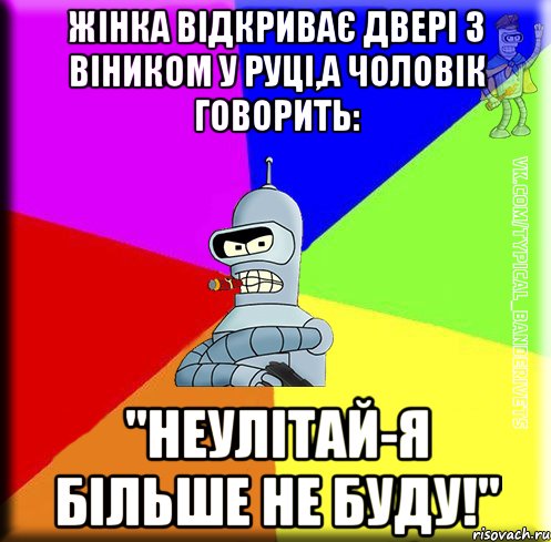 Жінка відкриває двері з віником у руці,а чоловік говорить: "Неулітай-я більше не буду!"