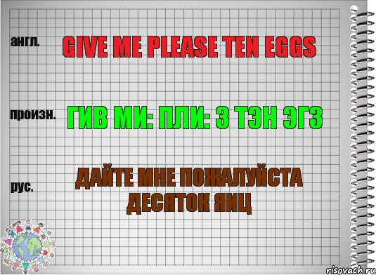 Give me please ten eggs Гив ми: пли: з тэн эгз Дайте мне пожалуйста десяток яиц, Комикс  Перевод с английского