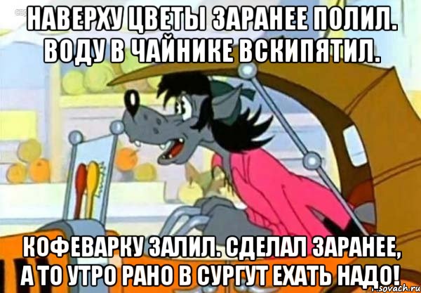 Наверху цветы заранее полил. Воду в чайнике вскипятил. Кофеварку залил. Сделал заранее, а то утро рано в Сургут ехать надо!, Мем Волк