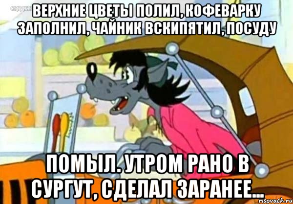 Верхние цветы полил, кофеварку заполнил, чайник вскипятил, посуду помыл. Утром рано в Сургут, сделал заранее...