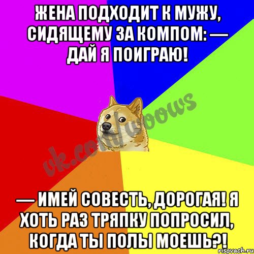 Жена подходит к мужу, сидящему за компом: — Дай я поиграю! — Имей совесть, дорогая! Я хоть раз тряпку попросил, когда ты полы моешь?!