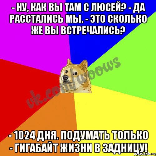 - Ну, как вы там с Люсей? - Да расстались мы. - Это сколько же вы встречались? - 1024 дня. Подумать только - гигабайт жизни в задницу!