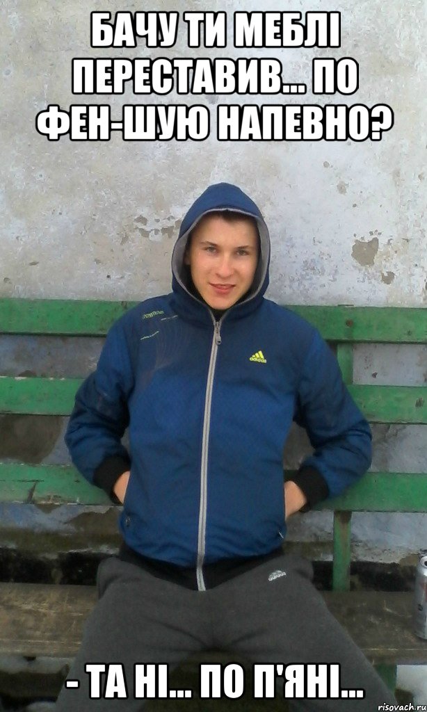Бачу ти меблі переставив... по фен-шую напевно? - Та ні... по п'яні..., Мем чоткый зелень