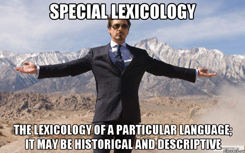 Special Lexicology the lexicology of a particular language; it may be historical and descriptive, Мем железный человек