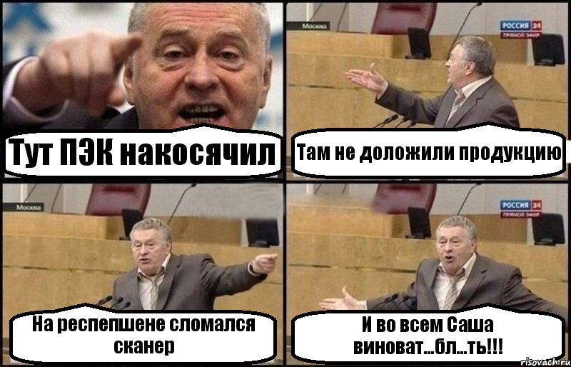 Тут ПЭК накосячил Там не доложили продукцию На респепшене сломался сканер И во всем Саша виноват...бл...ть!!!, Комикс Жириновский