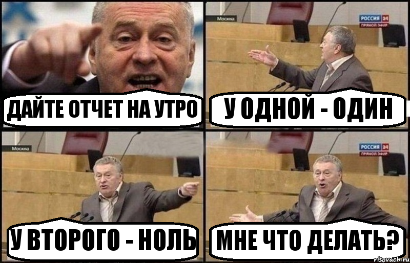 ДАЙТЕ ОТЧЕТ НА УТРО У ОДНОЙ - ОДИН У ВТОРОГО - НОЛЬ МНЕ ЧТО ДЕЛАТЬ?, Комикс Жириновский