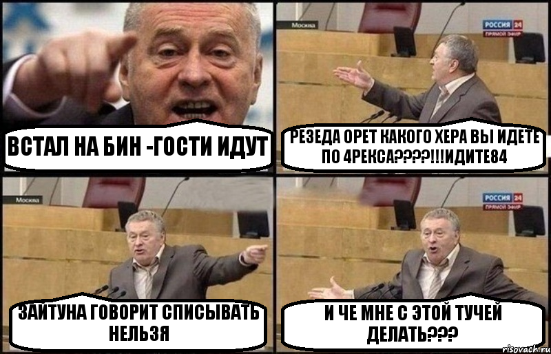 ВСТАЛ НА БИН -ГОСТИ ИДУТ РЕЗЕДА ОРЕТ КАКОГО ХЕРА ВЫ ИДЕТЕ ПО 4РЕКСА????!!!ИДИТЕ84 ЗАЙТУНА ГОВОРИТ СПИСЫВАТЬ НЕЛЬЗЯ И ЧЕ МНЕ С ЭТОЙ ТУЧЕЙ ДЕЛАТЬ???, Комикс Жириновский