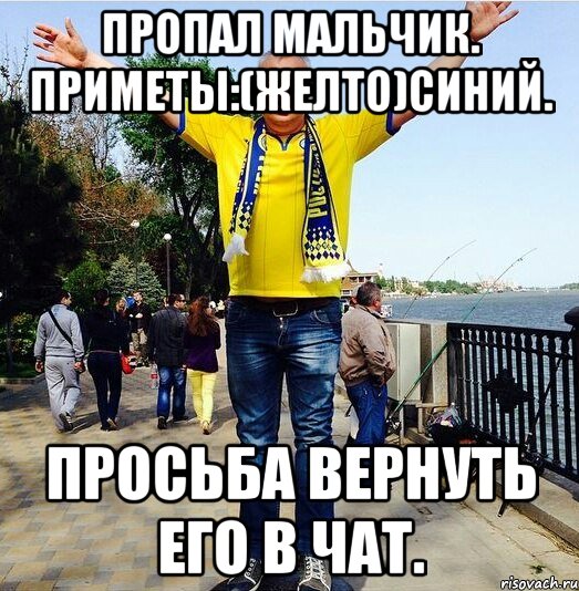 ПРОПАЛ МАЛЬЧИК. ПРИМЕТЫ:(желто)СИНИЙ. ПРОСЬБА ВЕРНУТЬ ЕГО В ЧАТ., Мем 1