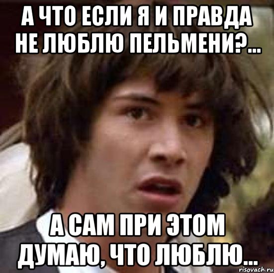 А что если я и правда не люблю пельмени?... А сам при этом думаю, что люблю..., Мем А что если (Киану Ривз)