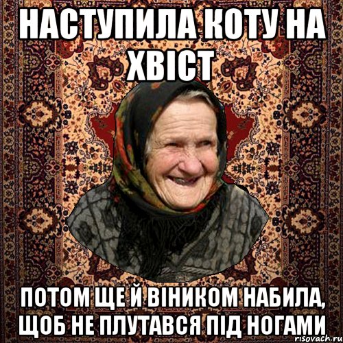 наступила коту на хвіст потом ще й віником набила, щоб не плутався під ногами, Мем баба нюра