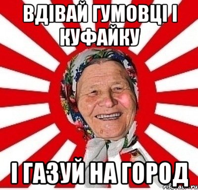 Вдівай гумовці і куфайку і газуй на город, Мем  бабуля