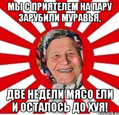 Мы с приятелем на пару Зарубили муравья, Две недели мясо ели И осталось до хуя!, Мем  бабуля