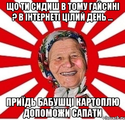 Що ти сидиш в тому Гайсині ? в інтернеті цілий день ... Приїдь бабушці картоплю допоможи сапати, Мем  бабуля