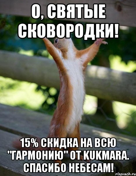 О, святые сковородки! 15% скидка на всю "Гармонию" от Kukmara. Спасибо небесам!, Мем    белка молится