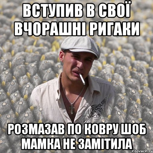 вступив в свої вчорашні ригаки розмазав по ковру шоб мамка не замітила