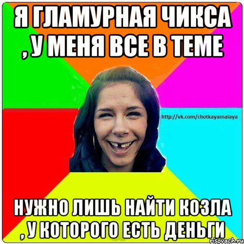 Я гламурная чикса , у меня все в теме нужно лишь найти козла , у которого есть деньги, Мем Чотка мала