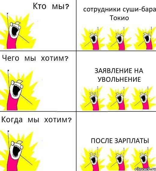 сотрудники суши-бара Токио заявление на увольнение ПОСЛЕ ЗАРПЛАТЫ, Комикс Что мы хотим