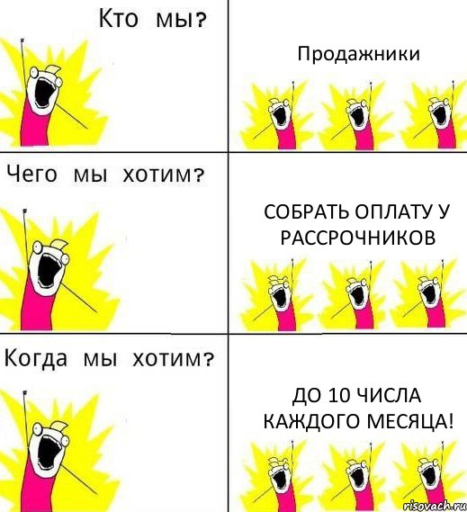 Продажники собрать оплату у рассрочников до 10 числа каждого месяца!, Комикс Что мы хотим
