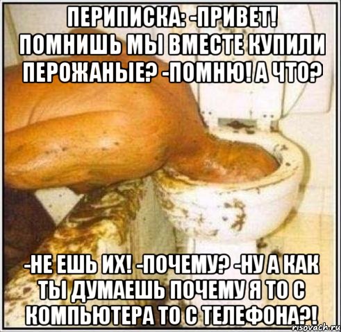 Периписка: -Привет! Помнишь мы вместе купили перожаные? -Помню! А что? -Не ешь их! -почему? -Ну а как ты думаешь почему я то с компьютера то с телефона?!, Мем Дайвер
