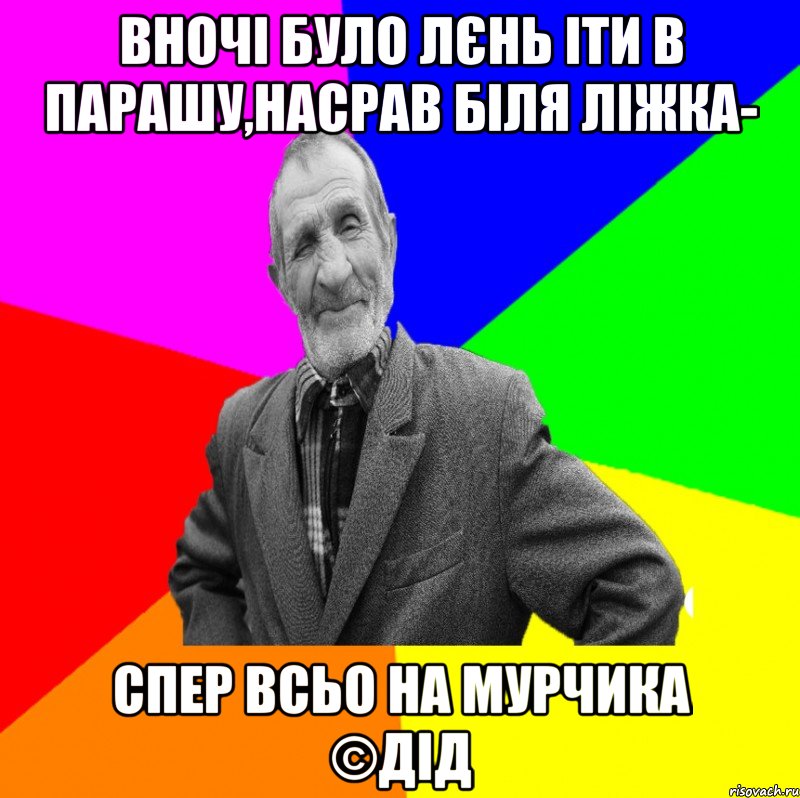 вночі було лєнь іти в парашу,насрав біля ліжка- спер всьо на Мурчика ©ДІД, Мем ДЕД