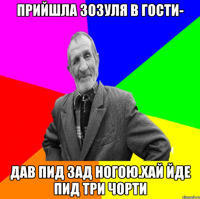 прийшла зозуля в гости- дав пид зад ногою.хай йде пид три чорти, Мем ДЕД