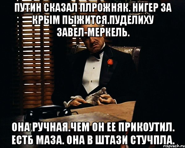 Путин сказал плрожняк. Нигер за крым пыжится.пуделиху завел-меркель. Она ручная.чем он ее прикоутил. естб маза. Она в штази стучпла., Мем Дон Вито Корлеоне