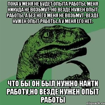 Пока у меня не будет опыта работы, меня никуда не возьмут. Но везде нужен опыт работы. А без него меня не возьмут. Везде нужен опыт работы, а у меня его нет. Что бы он был нужно найти работу,но везде нужен опыт работы, Мем Филосораптор