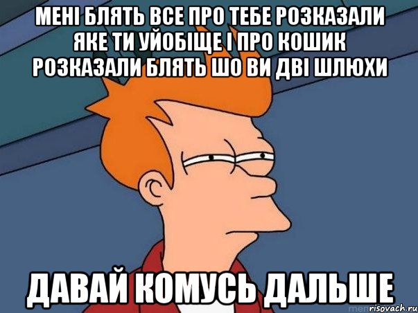 мені блять все про тебе розказали яке ти уйобіще і про кошик розказали блять шо ви дві шлюхи давай комусь дальше, Мем  Фрай (мне кажется или)