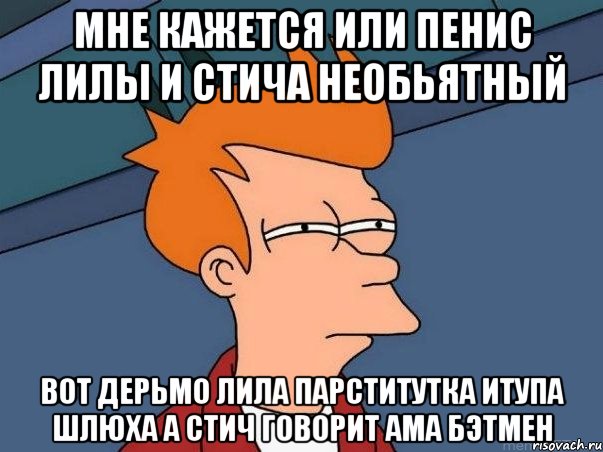 Мне кажется или пенис лилы и стича необьятный Вот дерьмо лила парститутка итупа шлюха а стич говорит ама бэтмен, Мем  Фрай (мне кажется или)