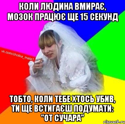 Коли людина вмирає, мозок працює ще 15 секунд Тобто, коли тебе хтось убив, ти ще встигаєш подумати: "от сучара"