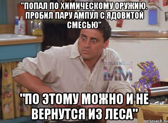 "попал по химическому оружию. пробил пару ампул с ядовитой смесью" "по этому можно и не вернутся из леса", Мем Испуганный Джоуи из Друзей ММ