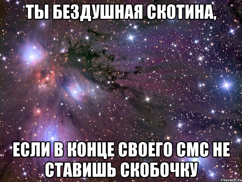 ты бездушная скотина, если в конце своего смс не ставишь скобочку, Мем Космос