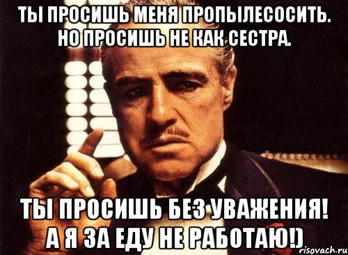 Ты просишь меня пропылесосить. Но просишь не как сестра. Ты просишь без уважения! А я за еду не работаю!), Мем крестный отец