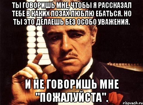 Ты говоришь мне, чтобы я рассказал тебе в каких позах люблю ебаться. Но ты это делаешь без особо уважения. И не говоришь мне "ПОЖАЛУЙСТА"., Мем крестный отец