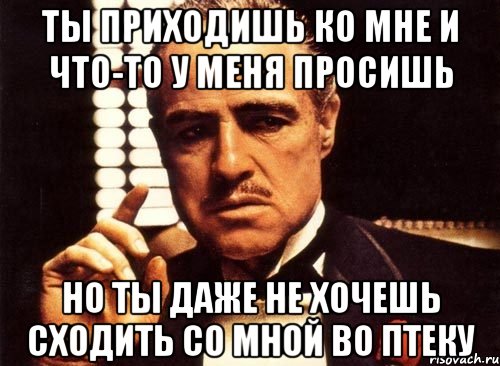 ТЫ ПРИХОДИШЬ КО МНЕ И ЧТО-ТО У МЕНЯ ПРОСИШЬ НО ТЫ ДАЖЕ НЕ ХОЧЕШЬ СХОДИТЬ СО МНОЙ ВО ПТЕКУ, Мем крестный отец
