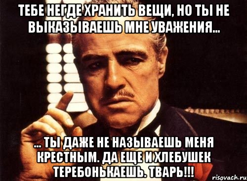 Тебе негде хранить вещи, но ты не выказываешь мне уважения... ... ты даже не называешь меня крестным. Да еще и хлебушек теребонькаешь. Тварь!!!