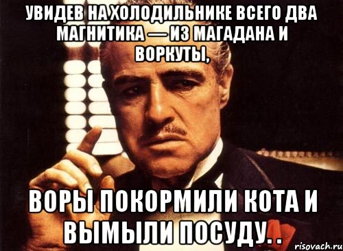 Увидев на холодильнике всего два магнитика — из Магадана и Воркуты, воры покормили кота и вымыли посуду. ., Мем крестный отец