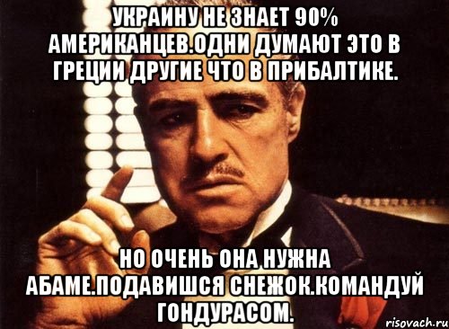 Украину не знает 90% американцев.одни думают это в греции другие что в прибалтике. Но очень она нужна абаме.подавишся снежок.командуй гондурасом., Мем крестный отец