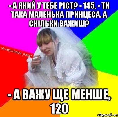 - А який у тебе ріст? - 145. - Ти така маленька принцеса. А скільки важиш? - А важу ще менше, 120