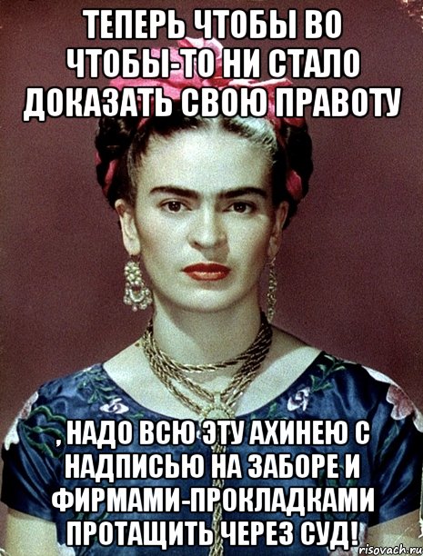 Теперь чтобы во чтобы-то ни стало доказать свою правоту , надо всю эту ахинею с надписью на заборе и фирмами-прокладками протащить через суд!, Мем Magdalena Carmen Frieda Kahlo Ca